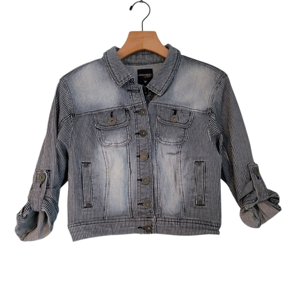 Highway Jeans Distressed Striped Denim Jean Jacket‎ Kids Size M Conductor Look